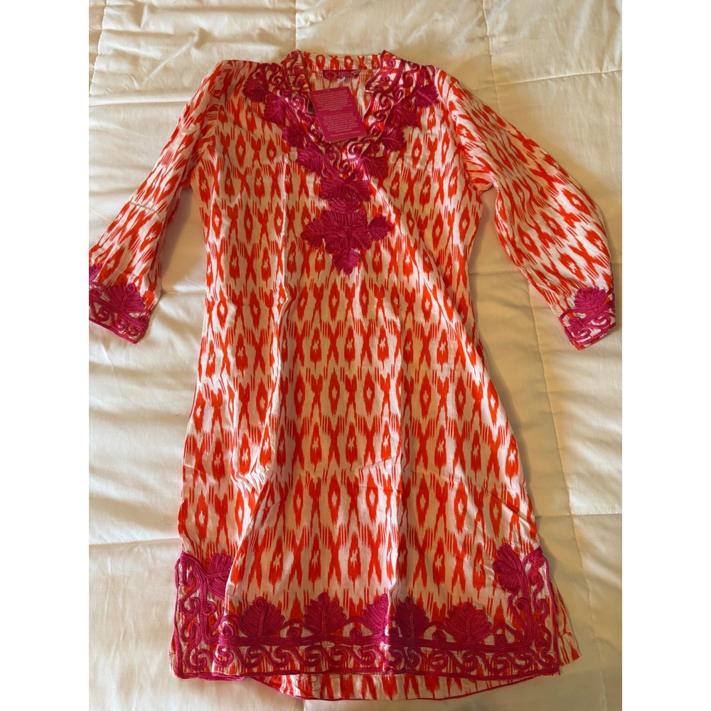 Haute Latitude Orange Ikat Pink Embroidered Tunic Top Dress Womens Medium NWT